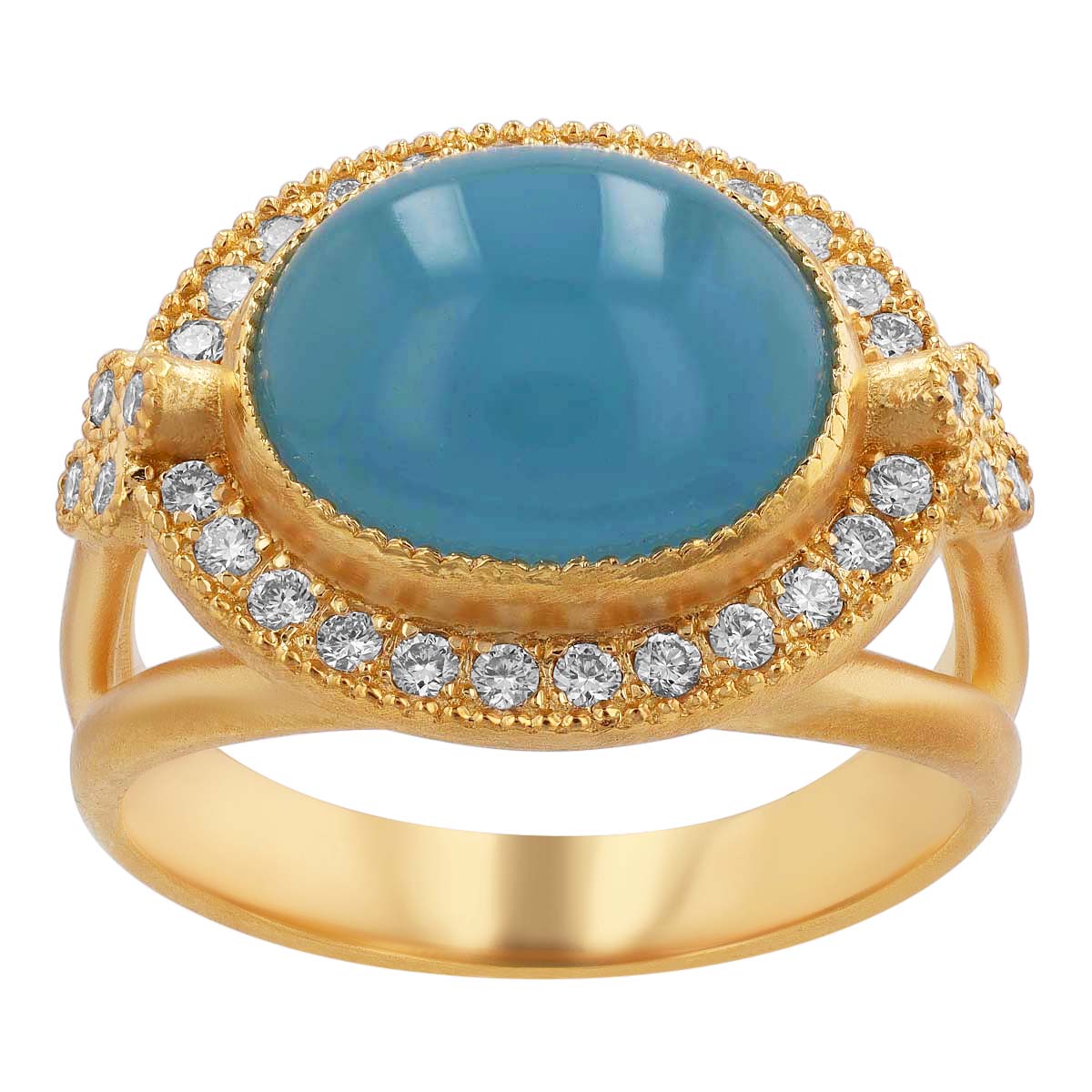 Marika Oval Aquamarine Cabochon & Diamond Halo Ring in Yellow Gold