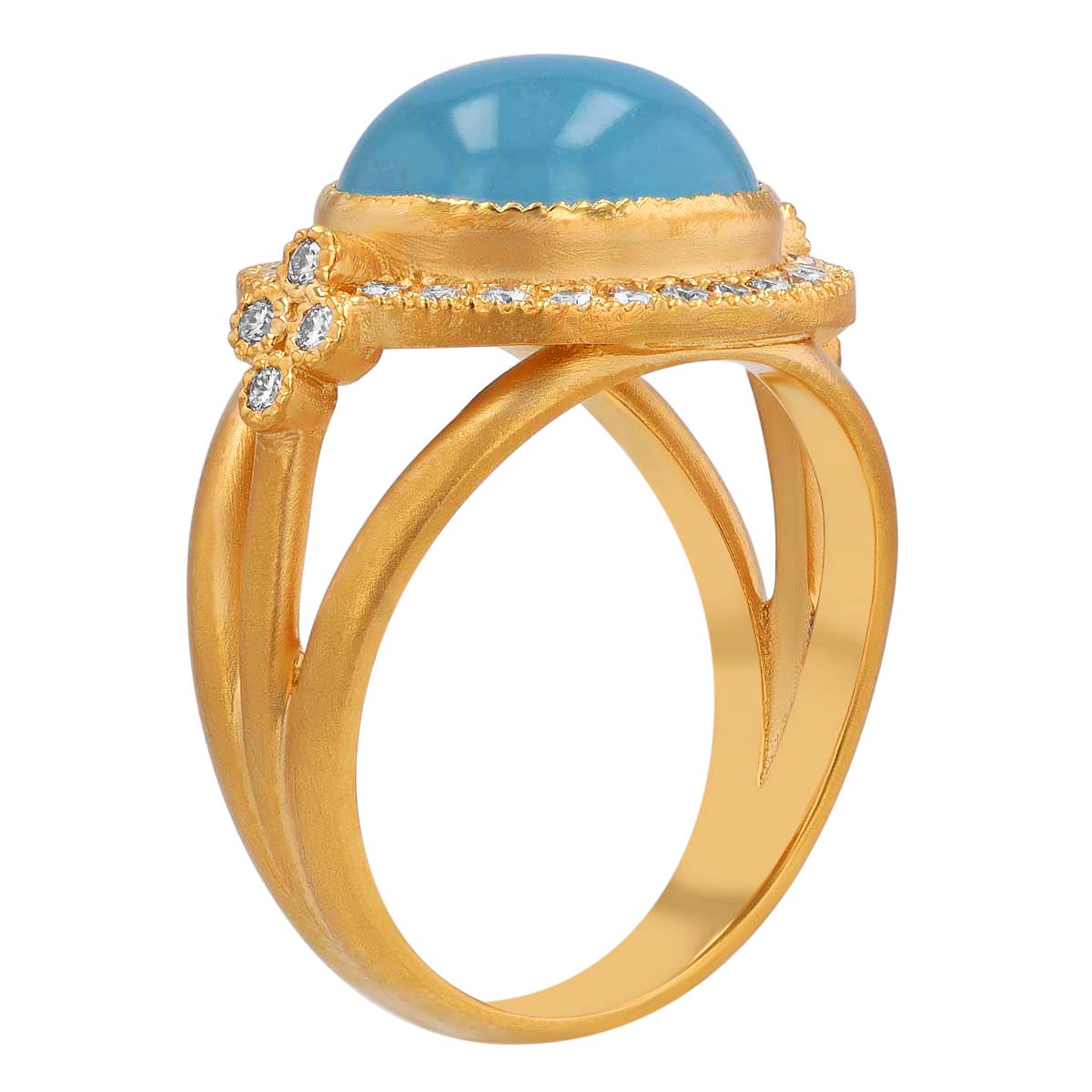 Marika Oval Aquamarine Cabochon & Diamond Halo Ring in Yellow Gold