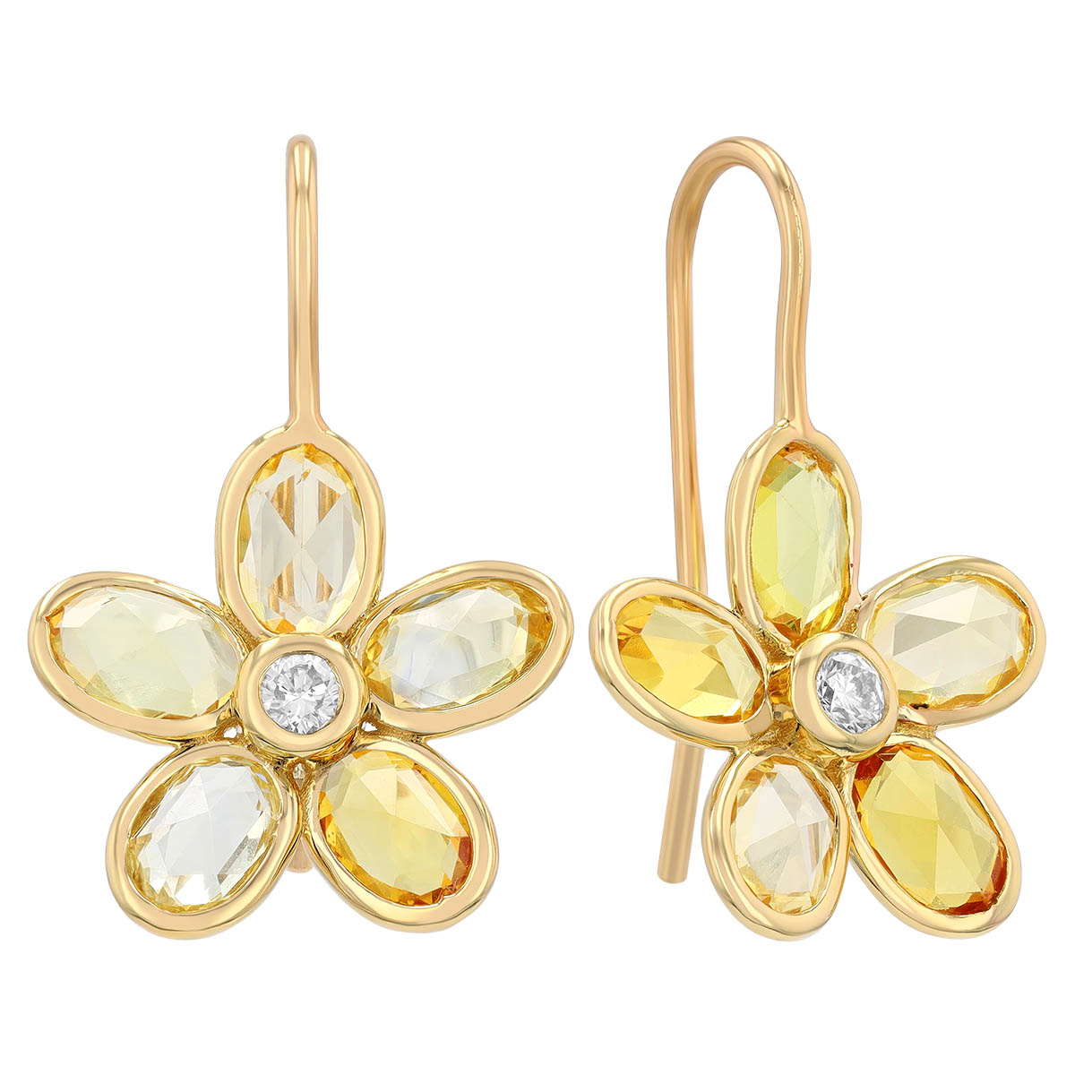 Oval Yellow Sapphire & Diamond Flower Drop Earrings in Yellow Gold