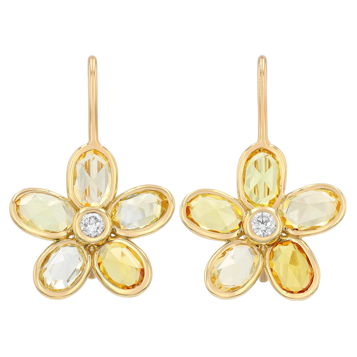 Oval Yellow Sapphire & Diamond Flower Drop Earrings in Yellow Gold