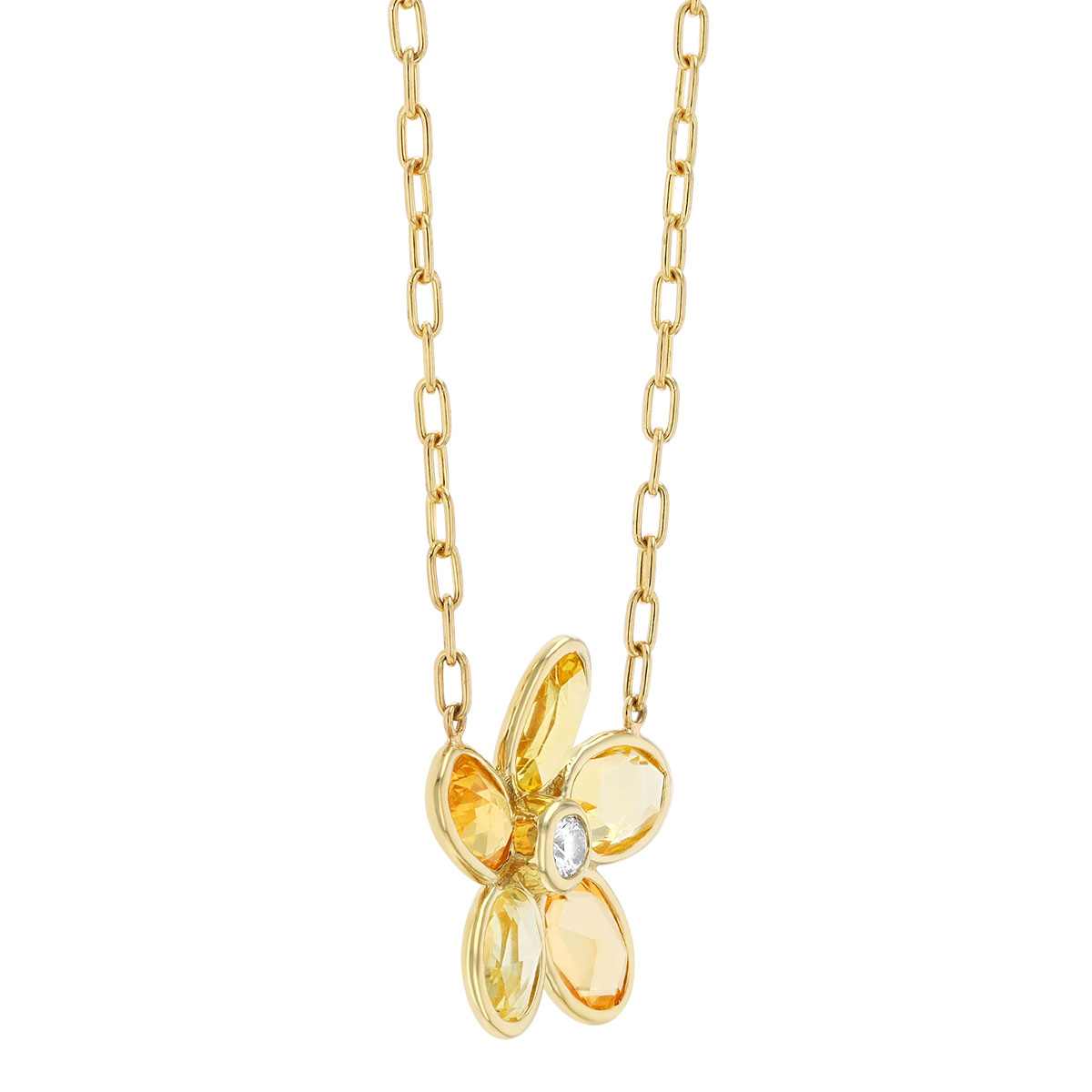 Bezel Set Oval Yellow Sapphire & Diamond Flower Pendant in Yellow Gold, 18
