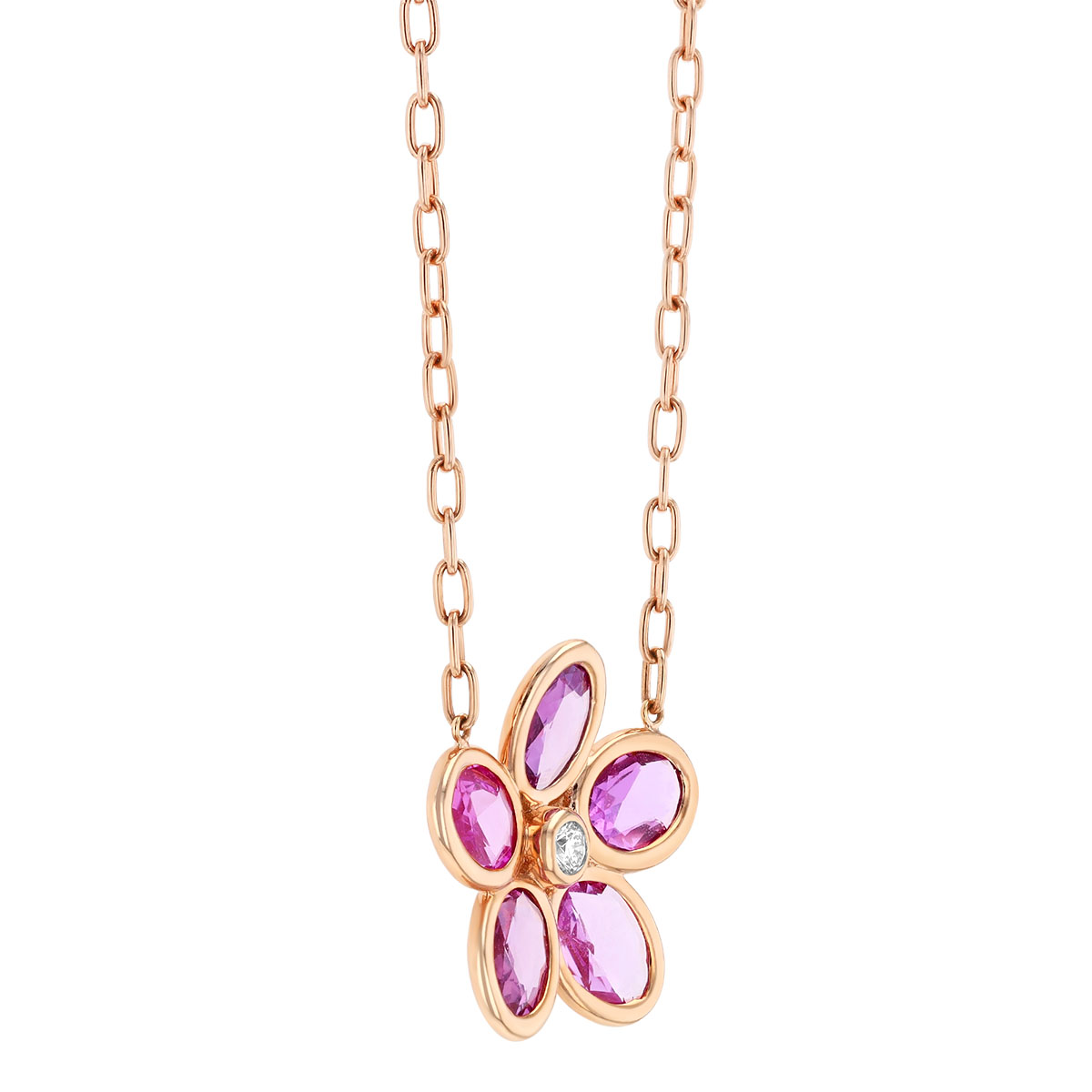 Bezel Set Oval Pink Sapphire & Diamond Flower Pendant in Rose Gold, 18