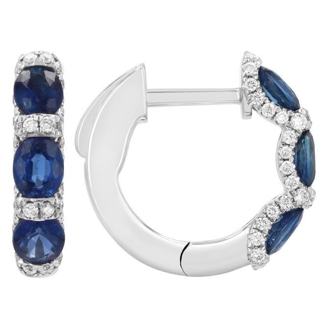 Oval Sapphire & Diamond Contour Halo Huggie Hoop Earrings in White Gold