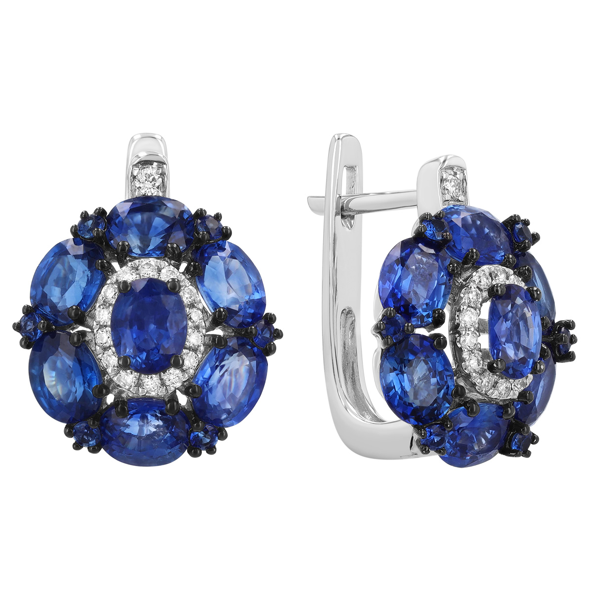 Oval Sapphire & Diamond Cluster Leverback Post Earrings in White Gold