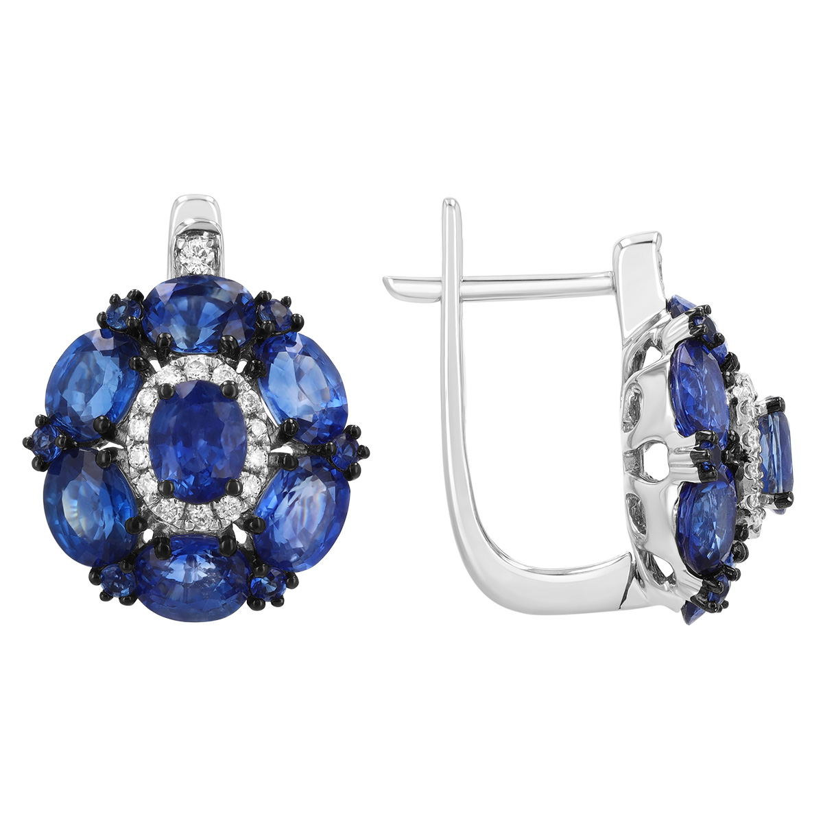 Oval Sapphire & Diamond Cluster Leverback Post Earrings in White Gold