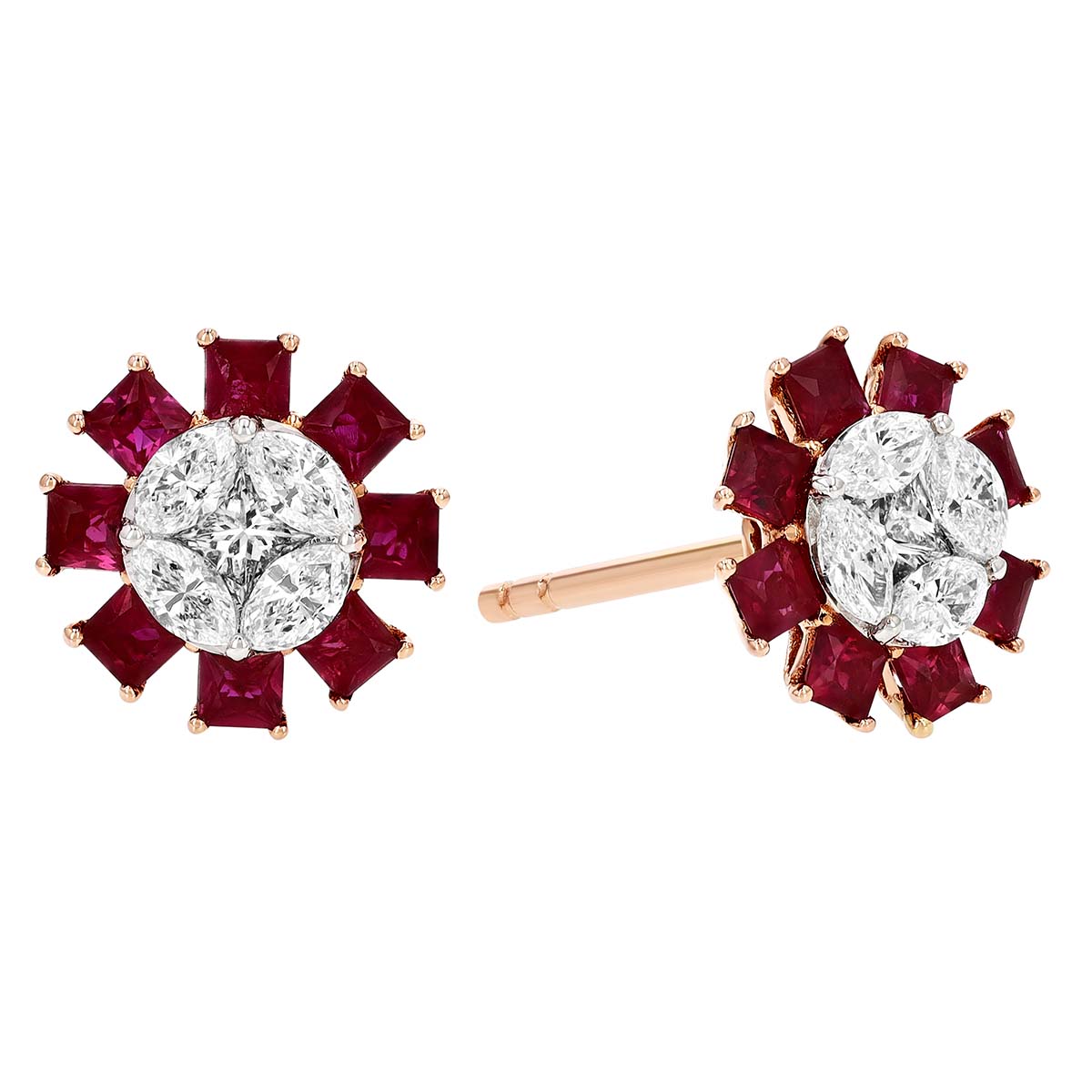Princess Cut Ruby & Diamond Cluster Illusion Stud Earrings in Rose Gold