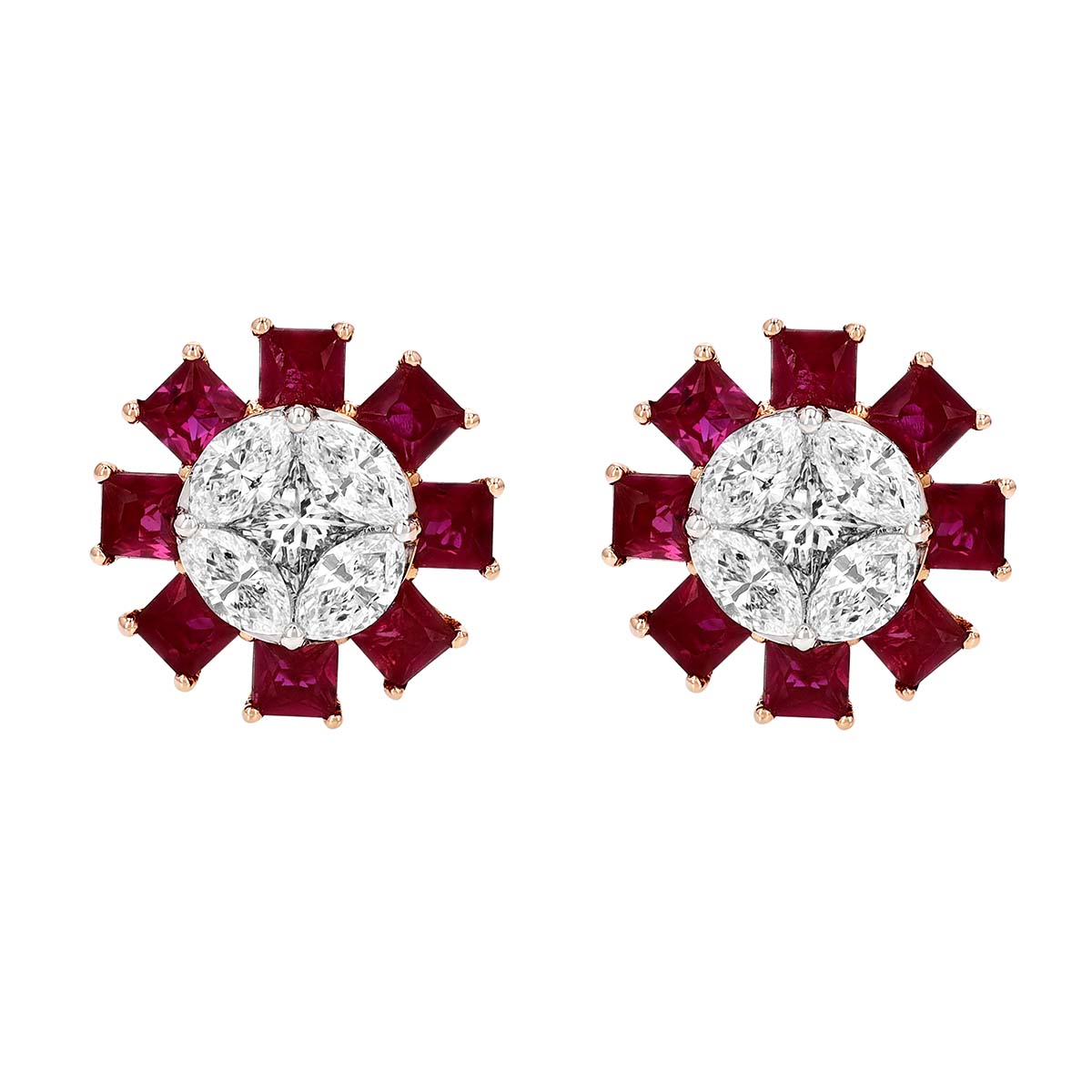 Princess Cut Ruby & Diamond Cluster Illusion Stud Earrings in Rose Gold