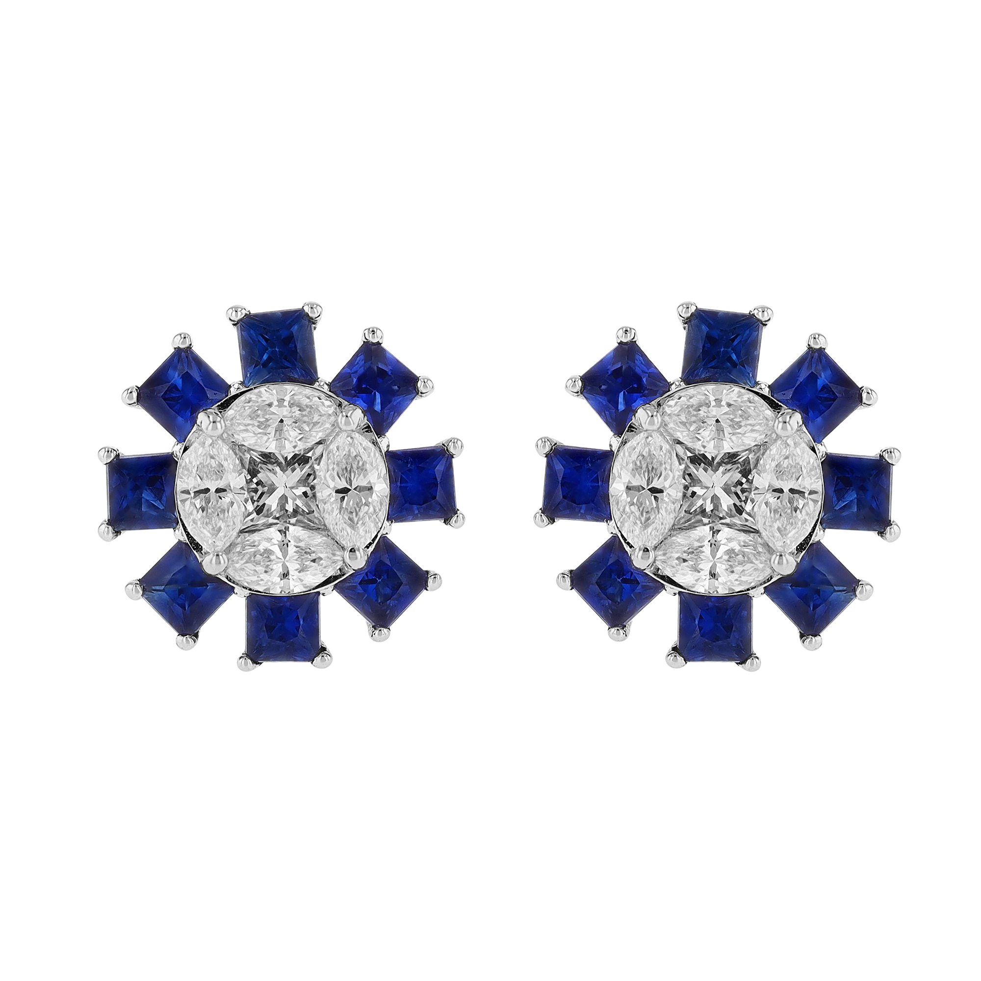 Princess Cut Sapphire & Diamond Cluster Illusion Stud Earrings in White Gold
