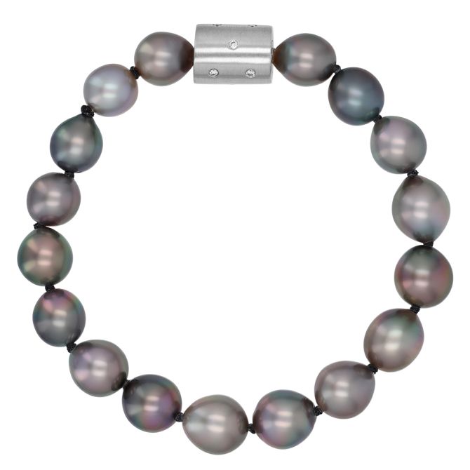 TARA Pearls Black Tahitian South Sea Cultured Pearl Bracelet in White Gold with Diamond Clasp, 7.5"