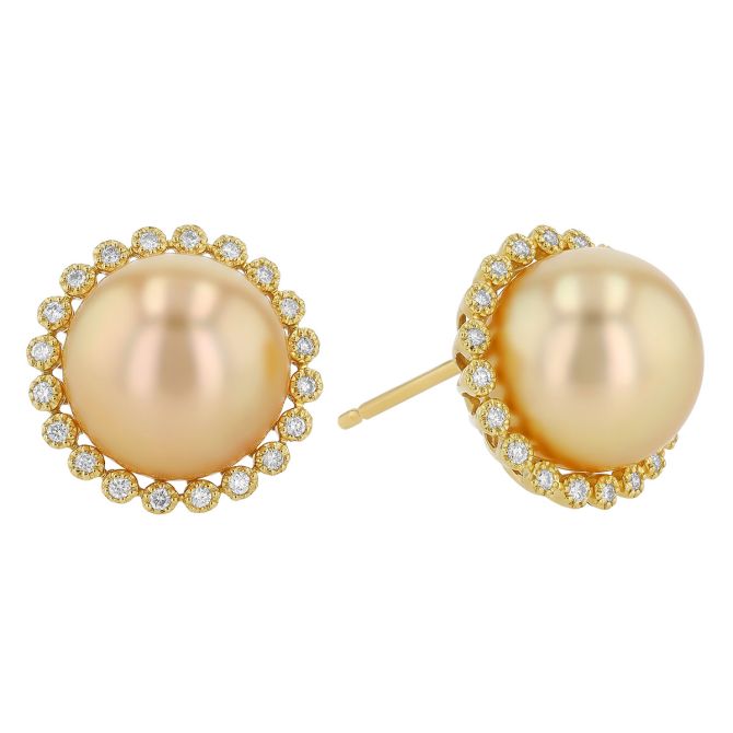 TARA Pearls Golden South Sea Cultured Pearl & Scalloped Diamond Halo Stud Earrings in Yellow Gold