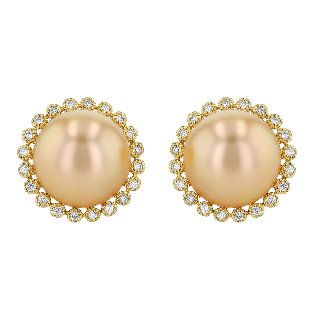 TARA Pearls Golden South Sea Cultured Pearl & Scalloped Diamond Halo Stud Earrings in Yellow Gold