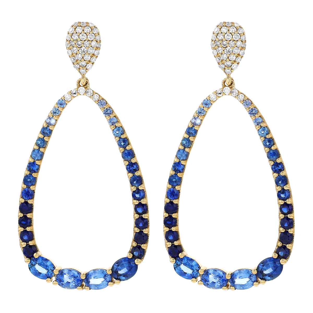 Ombre Sapphire & Diamond Open Teardrop Earrings in Yellow Gold