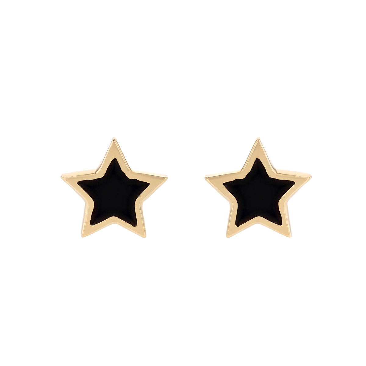 Black Enamel Star Stud Earrings in Yellow Gold