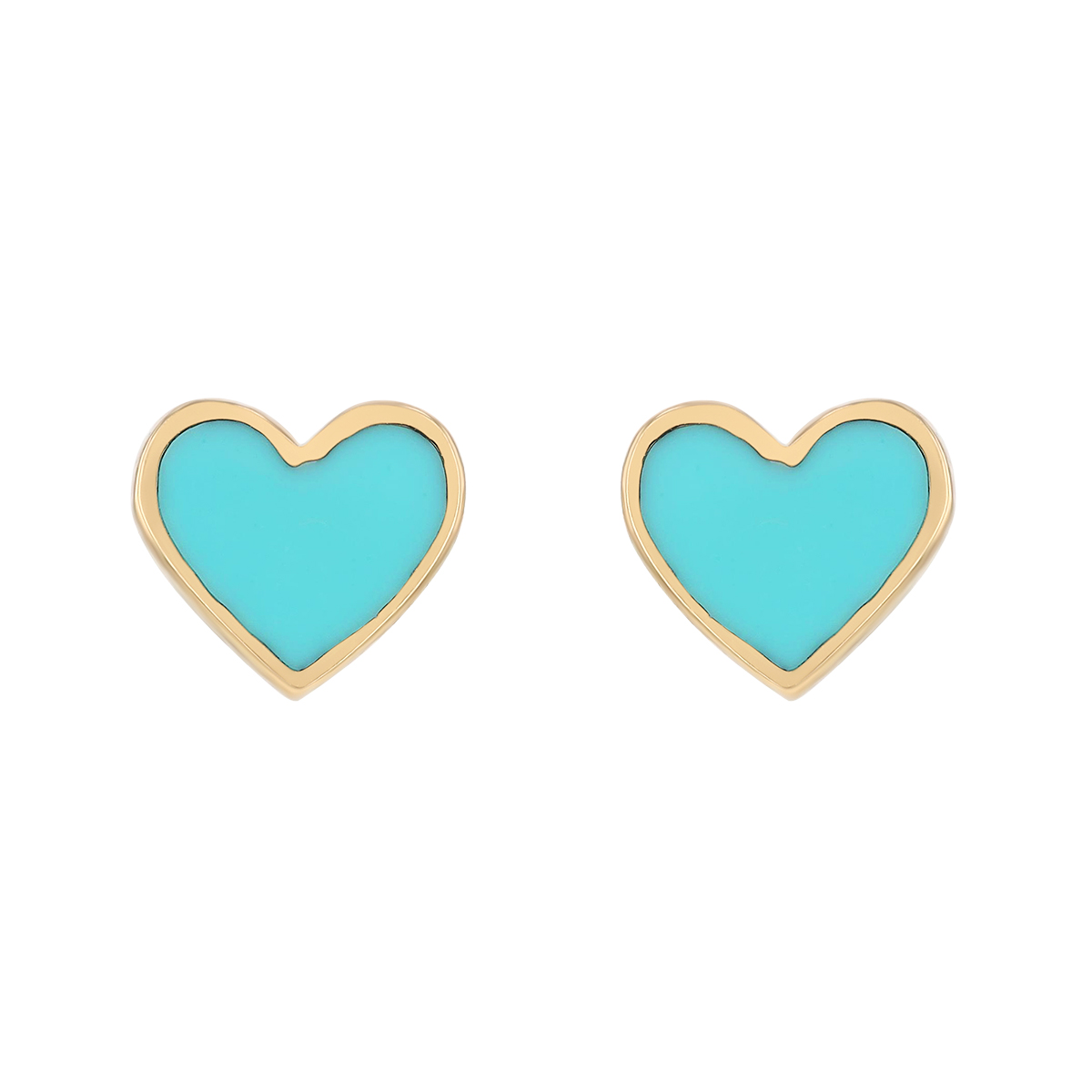 Turquoise Enamel Heart Stud Earrings in Yellow Gold