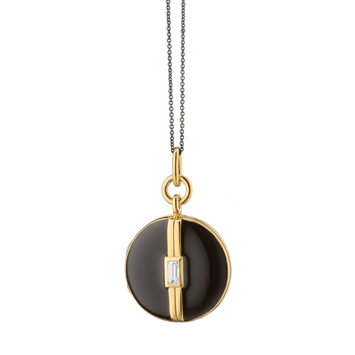 Monica Rich Kosann Baguette White Sapphire & Black Enamel Locket in Yellow Gold Vermeil, 17
