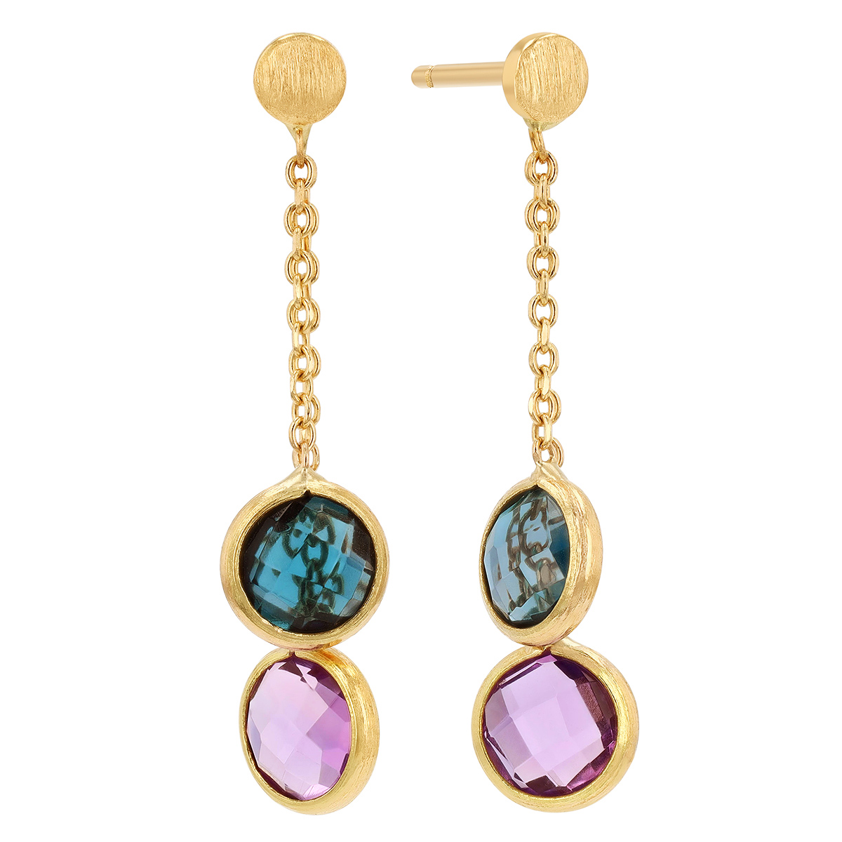 Mixed Gemstone Bezel Set Duo Dangle Earrings in Yellow Gold