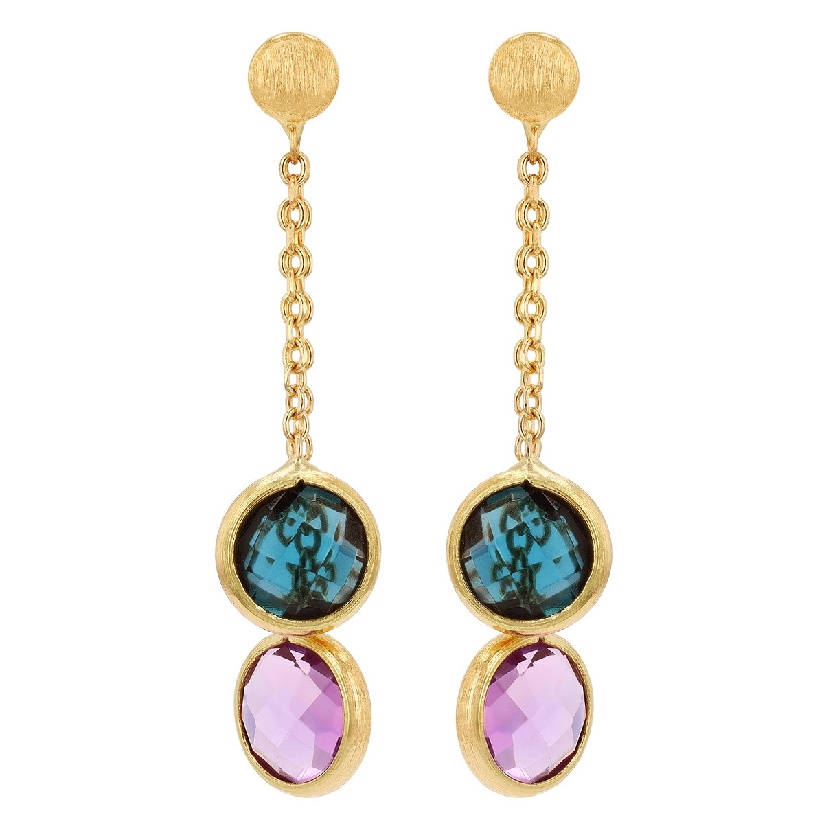 Mixed Gemstone Bezel Set Duo Dangle Earrings in Yellow Gold