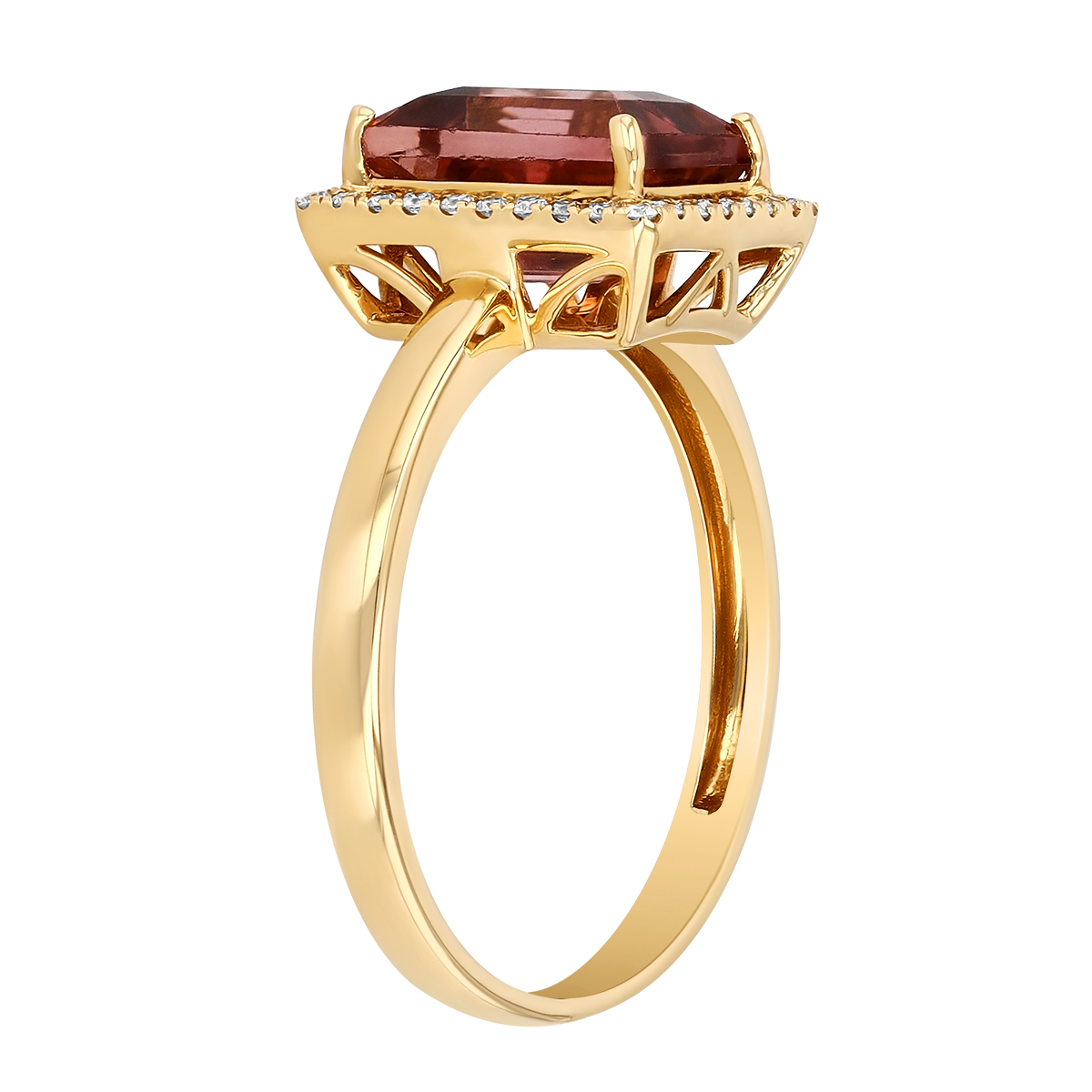 Pink Tourmaline Emerald Cut Ring with Diamond Halo in Yellow Gold