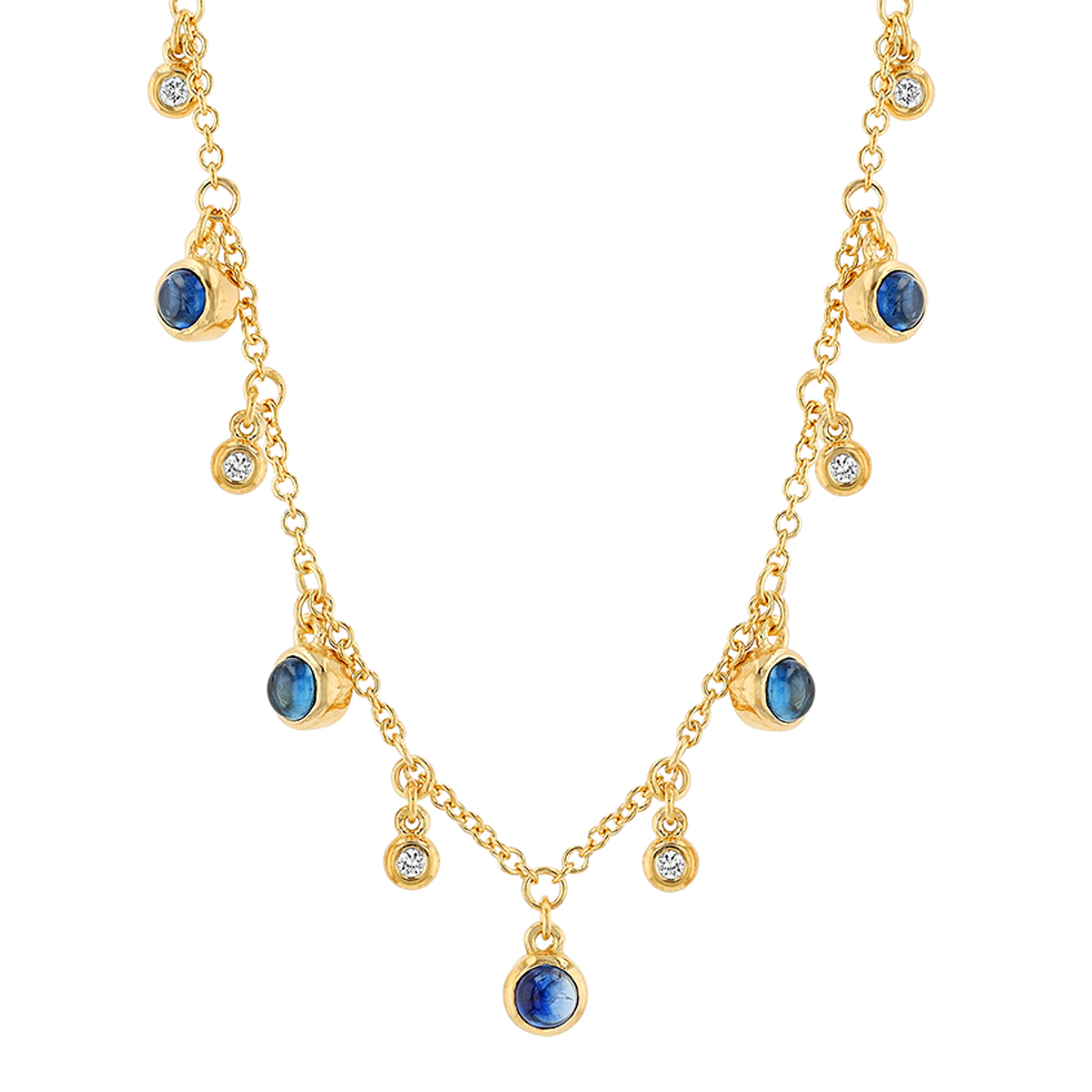Marika Sapphire & Diamond Bezel Set Dangle Station Necklace in Yellow Gold, 17