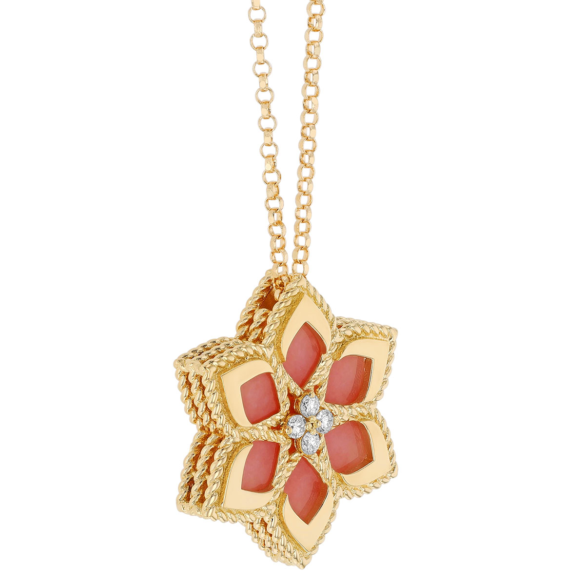 Roberto Coin Vernazza Pink Opal & Diamond Flower Pendant in Yellow Gold, 17