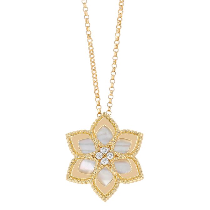 Roberto Coin Vernazza Mother of Pearl & Diamond Flower Pendant in Yellow Gold