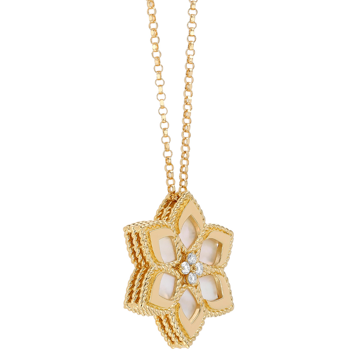 Roberto Coin Vernazza Mother of Pearl & Diamond Flower Pendant in Yellow Gold