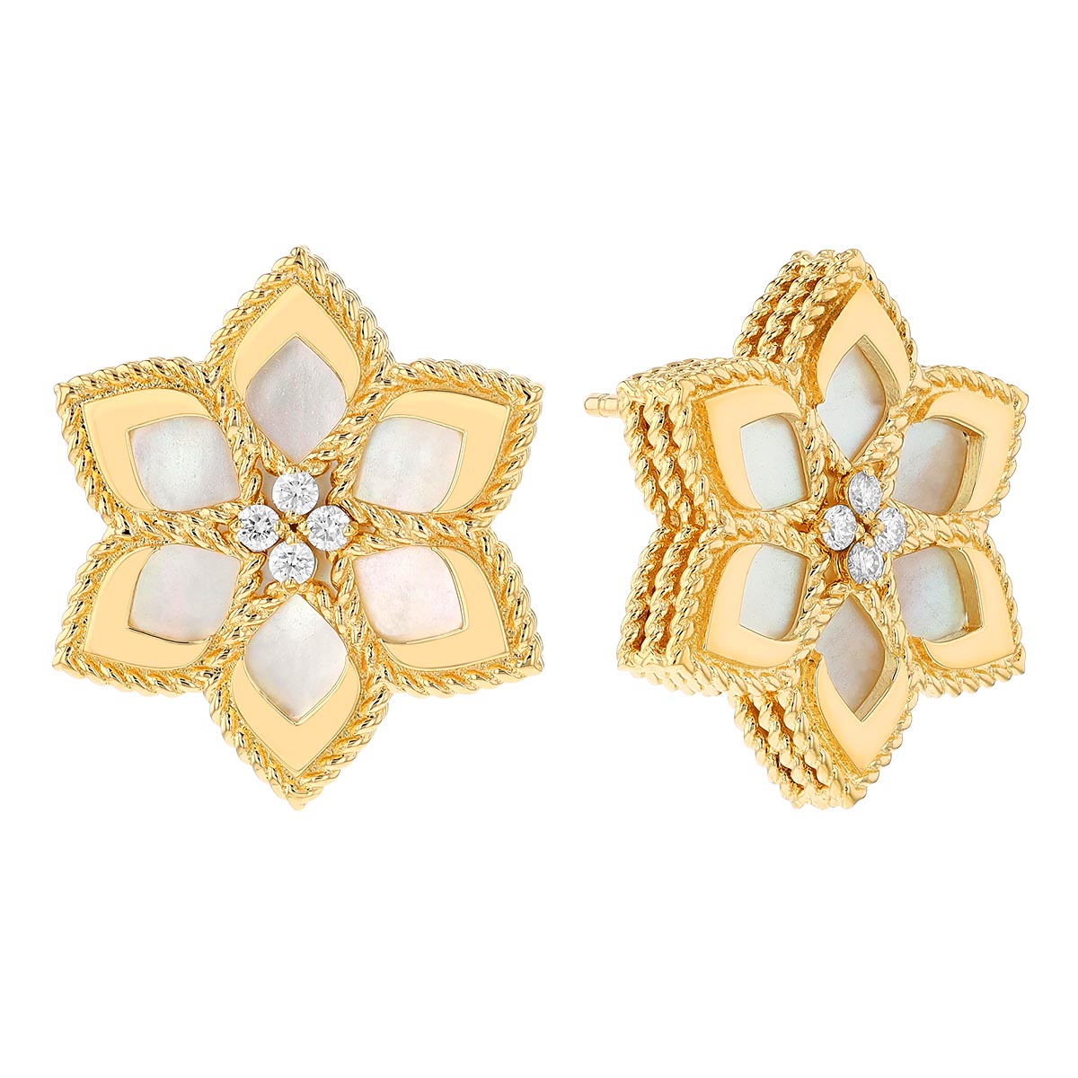 Roberto Coin Vernazza Diamond & Mother of Pearl Flower Stud Earrings in Yellow Gold