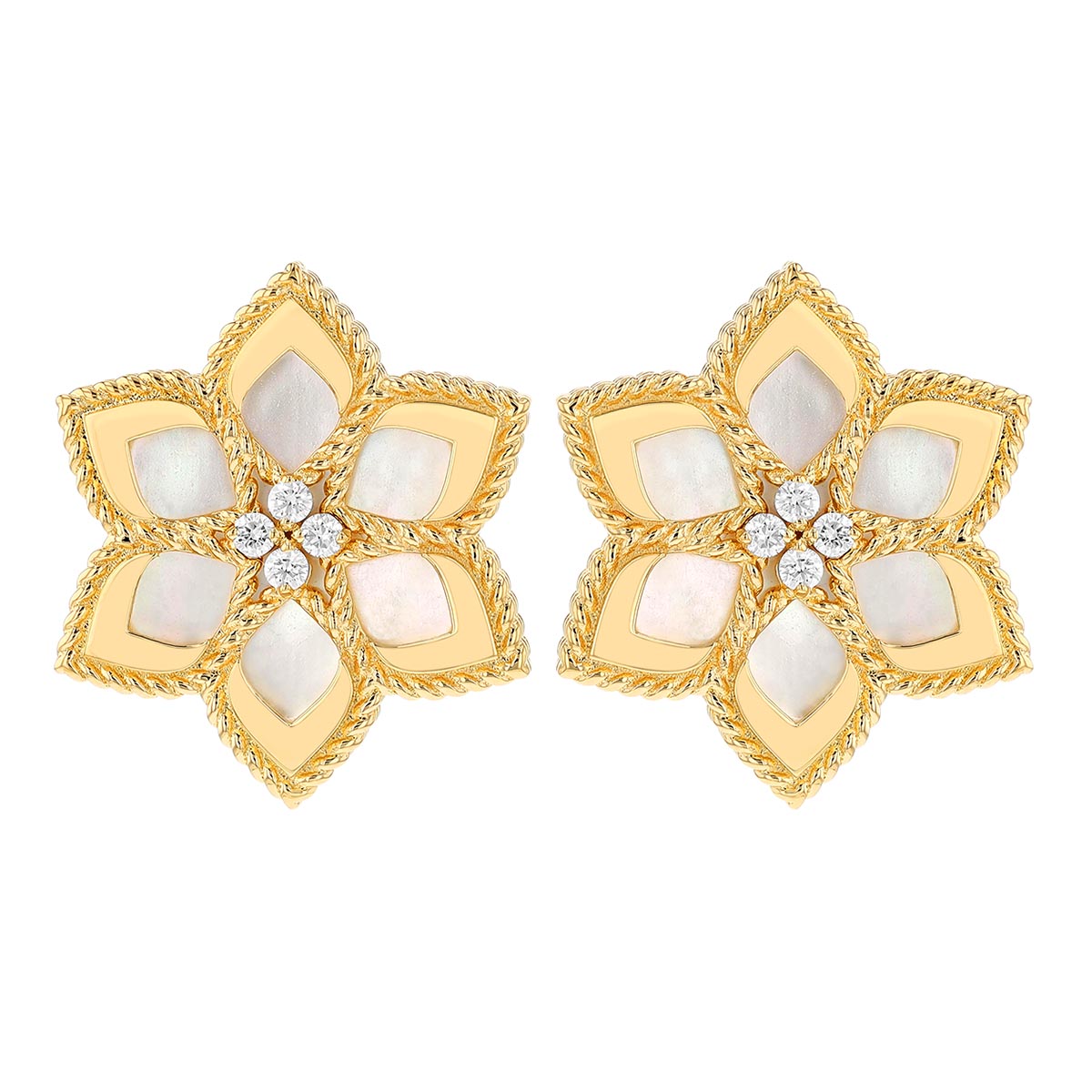 Roberto Coin Vernazza Diamond & Mother of Pearl Flower Stud Earrings in Yellow Gold