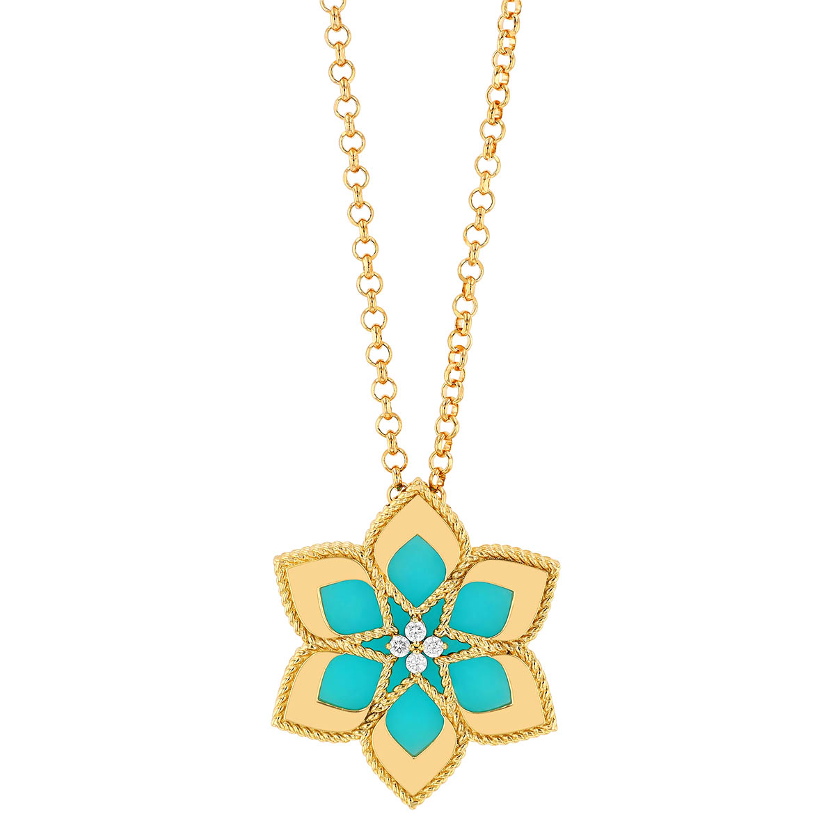 Roberto Coin Vernazza Amazonite & Diamond 6 Petal Flower Pendant in Yellow Gold