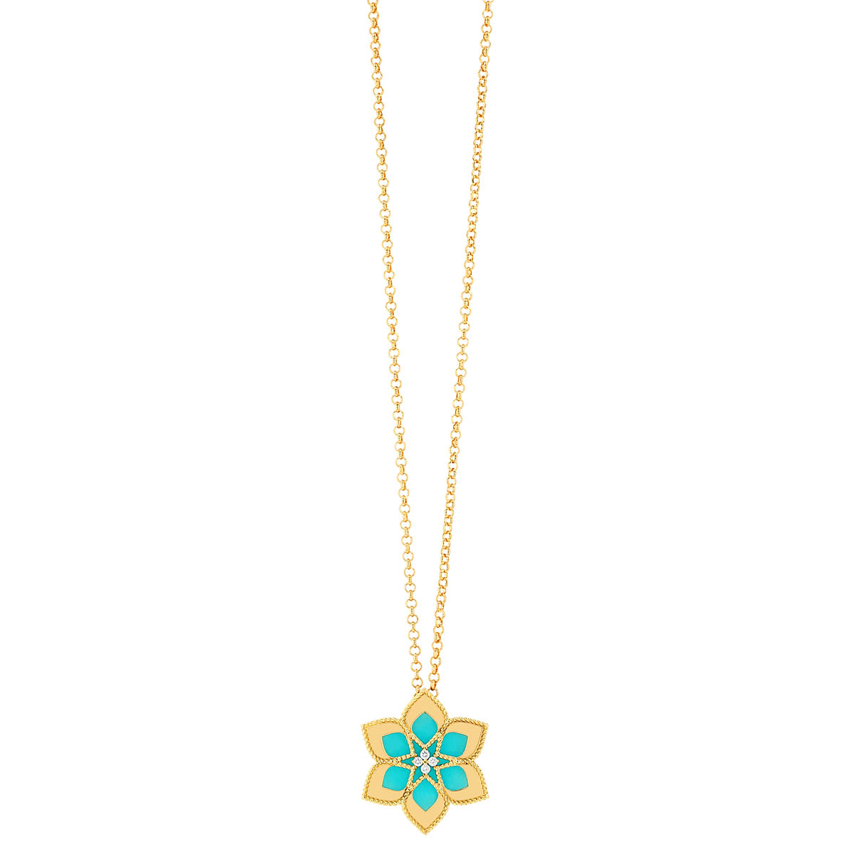 Roberto Coin Vernazza Amazonite & Diamond 6 Petal Flower Pendant in Yellow Gold