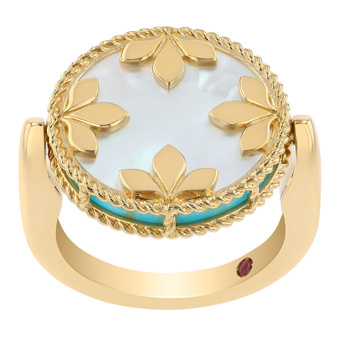 Roberto Coin Diamond, Turquoise, & Mother of Pearl Reversible Ring in Yellow Gold