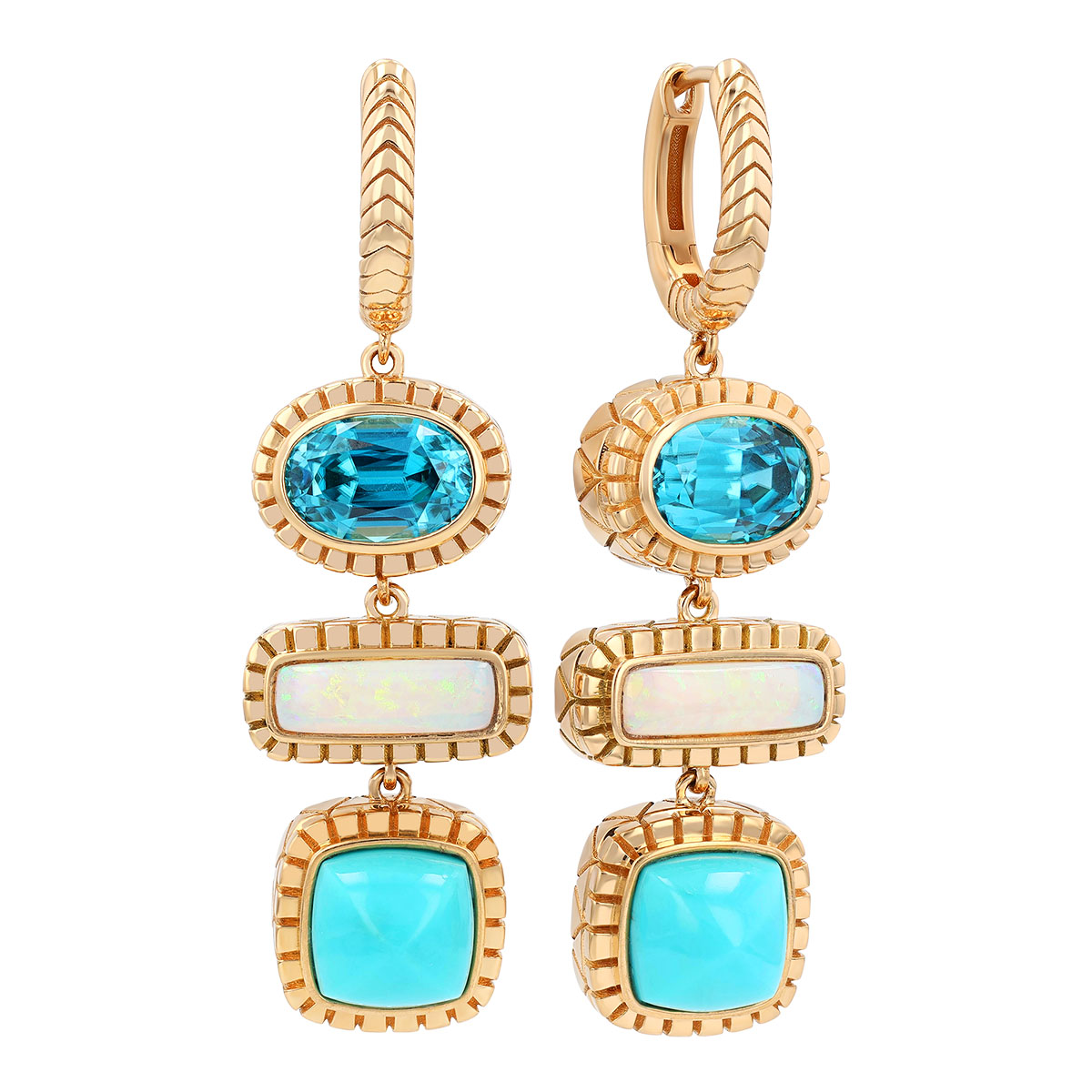 Harwell Godfrey Zircon, Turquoise & Opal Totem Drop Earrings in Yellow Gold