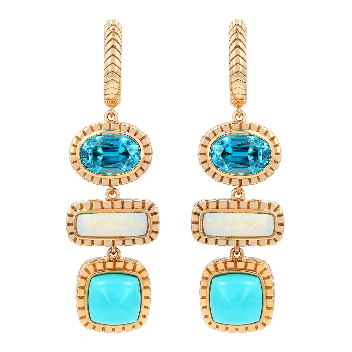 Harwell Godfrey Zircon, Turquoise & Opal Totem Drop Earrings in Yellow Gold