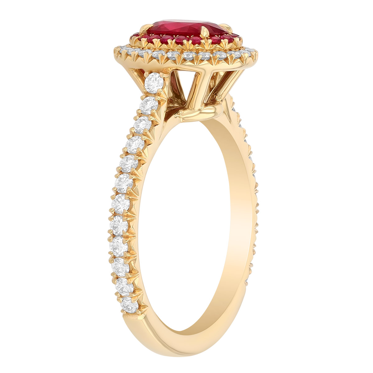 Omi Prive Oval Ruby & Diamond Halo Ring in Yellow Gold