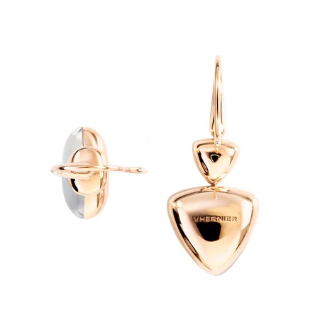 Vhernier Freccia Trillion Mother of Pearl & Rock Crystal Quartz Dangle Earrings in Yellow Gold