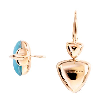 Vhernier Freccia Trillion Turquoise & Rock Crystal Quartz Dangle Earrings in Yellow Gold