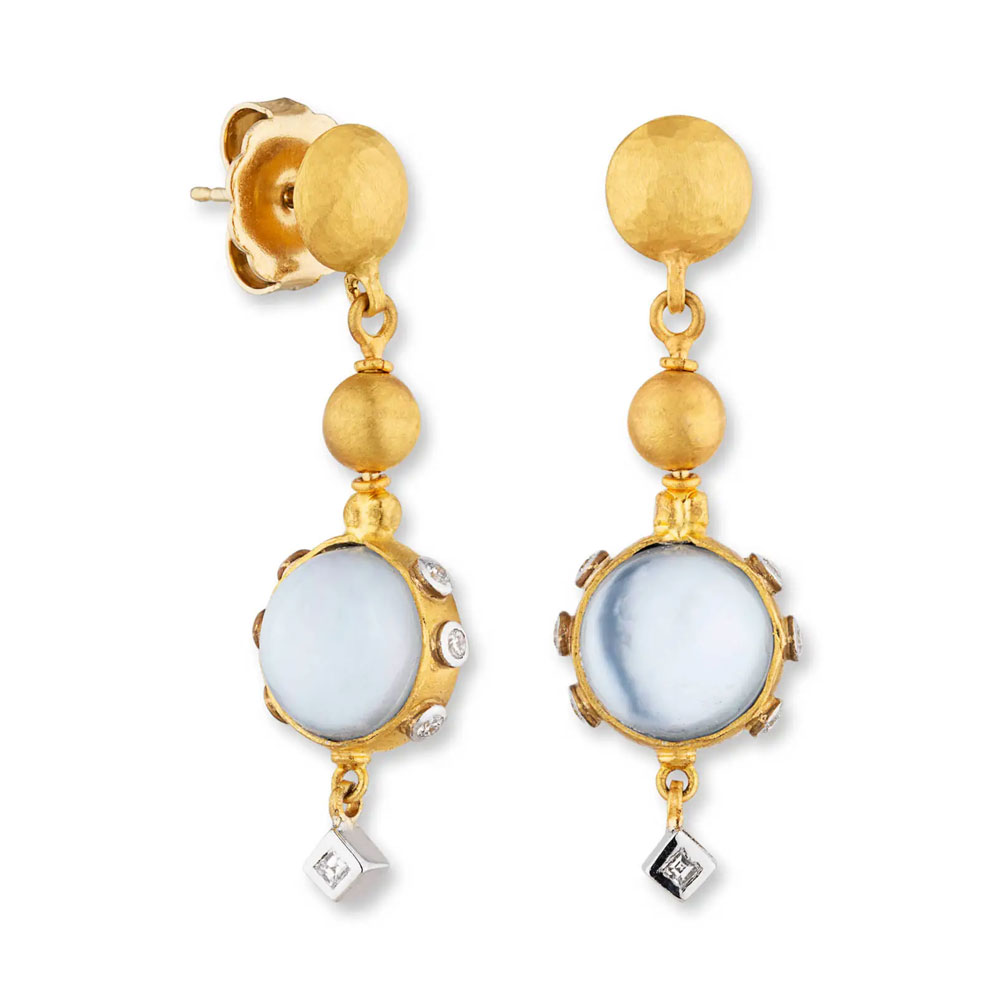 Lika Behar Day-N-Night Cabochon Lapis, Mother of Pearl, & Diamond Dangle Earrings in Yellow Gold