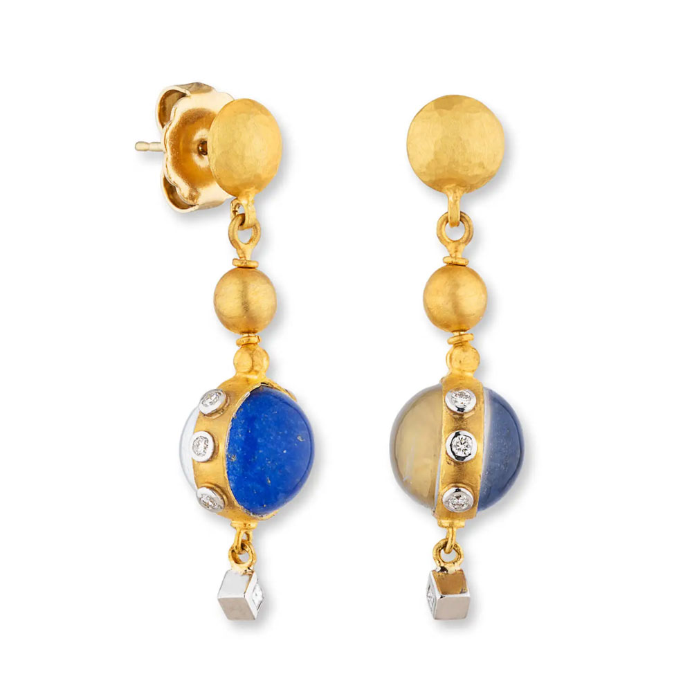 Lika Behar Day-N-Night Cabochon Lapis, Mother of Pearl, & Diamond Dangle Earrings in Yellow Gold