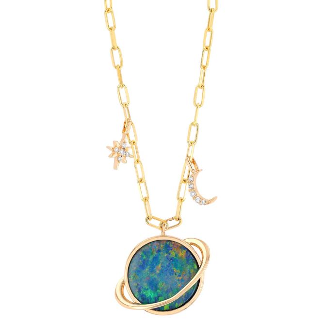 Opal Planet Pendant with Star & Moon Diamond Charms in Yellow Gold, 18"