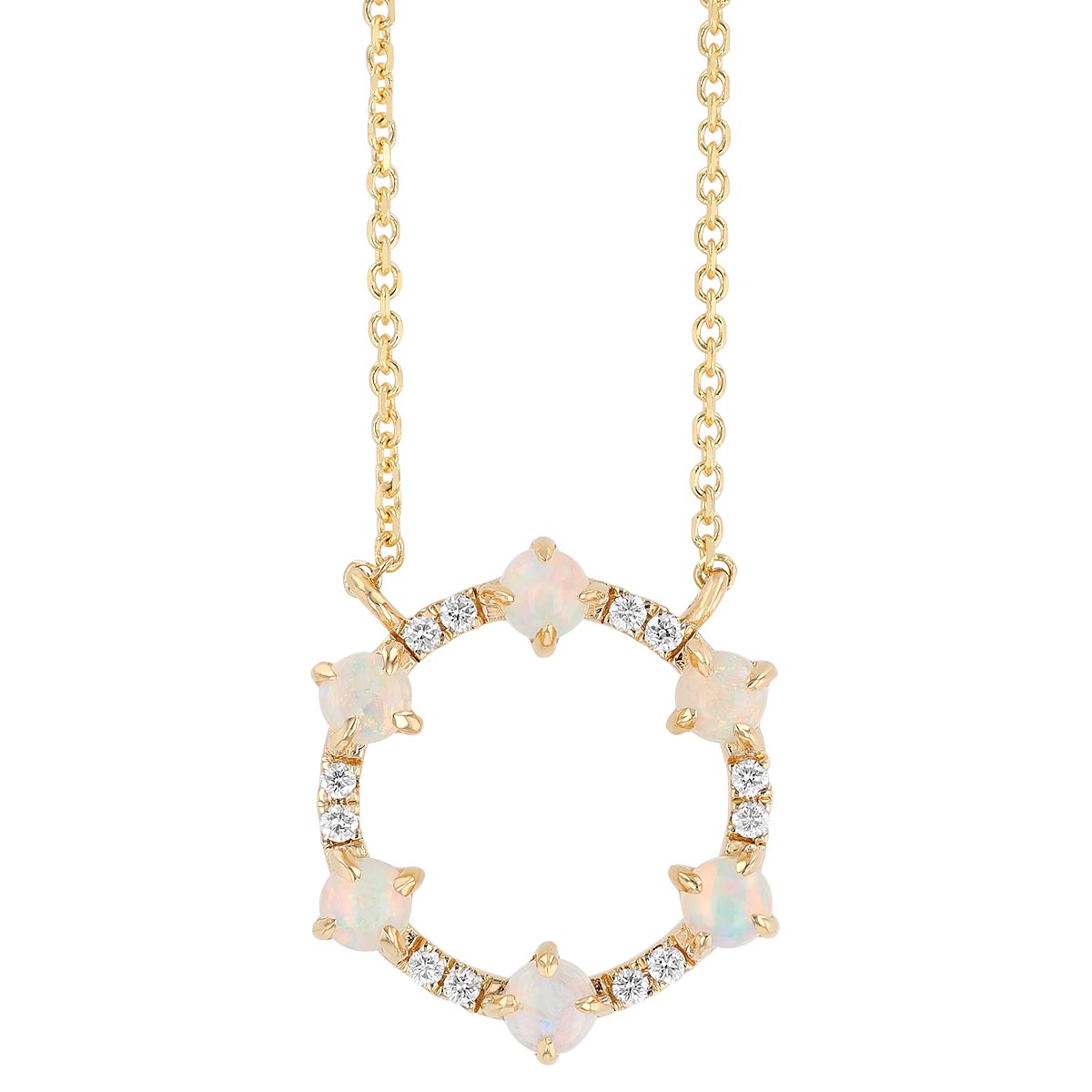 White Opal & Diamond Open Circle Necklace in Yellow Gold, 18