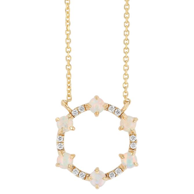 White Opal & Diamond Open Circle Necklace in Yellow Gold, 18"