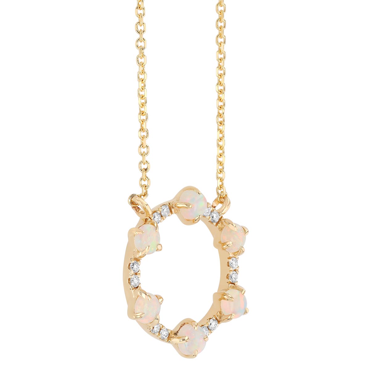 White Opal & Diamond Open Circle Necklace in Yellow Gold, 18