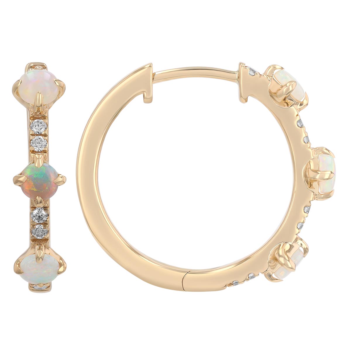 White Opal & Diamond Huggie Hoop Earrings in Yellow Gold