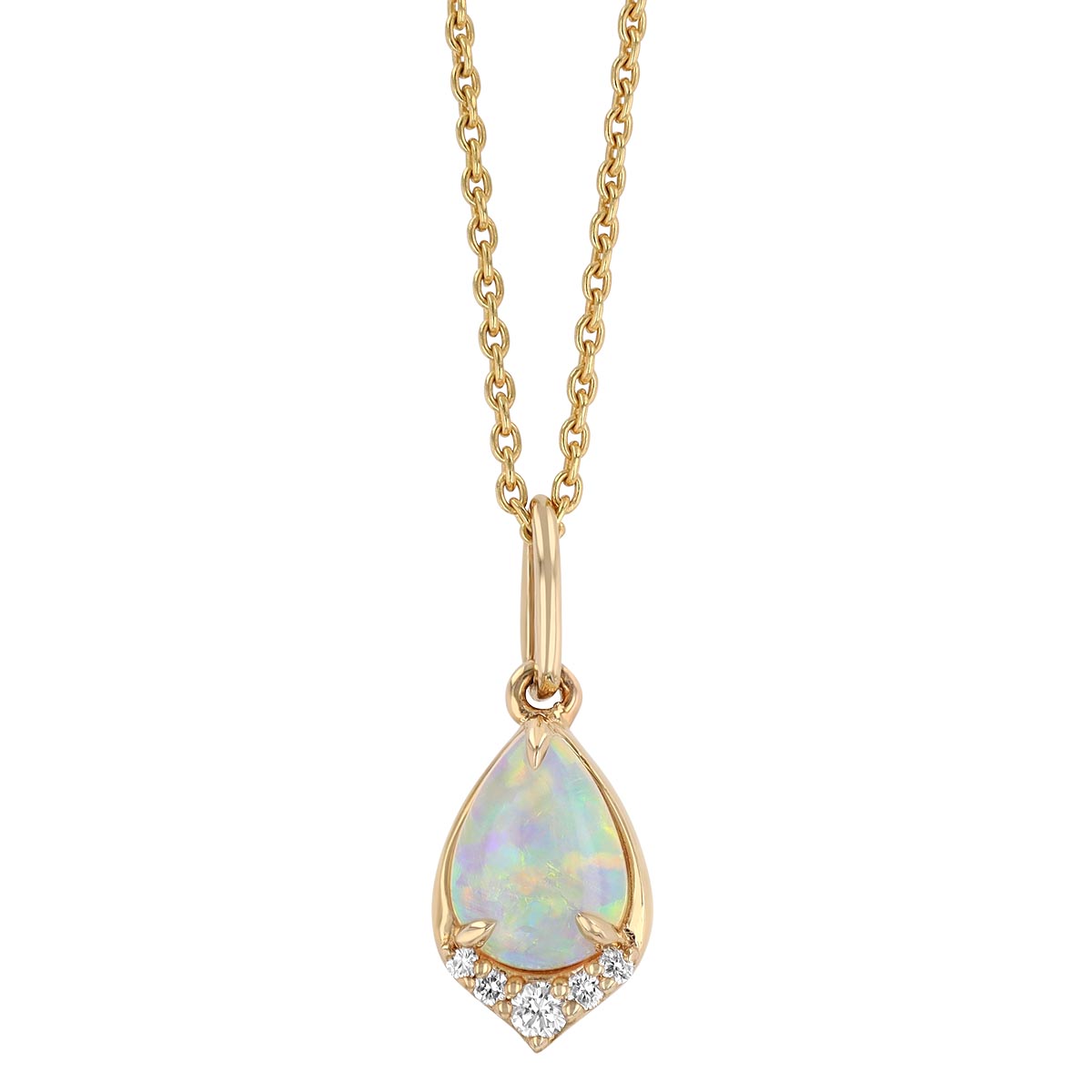 Pear Shaped White Opal & Diamond Pendant in Yellow Gold, 16