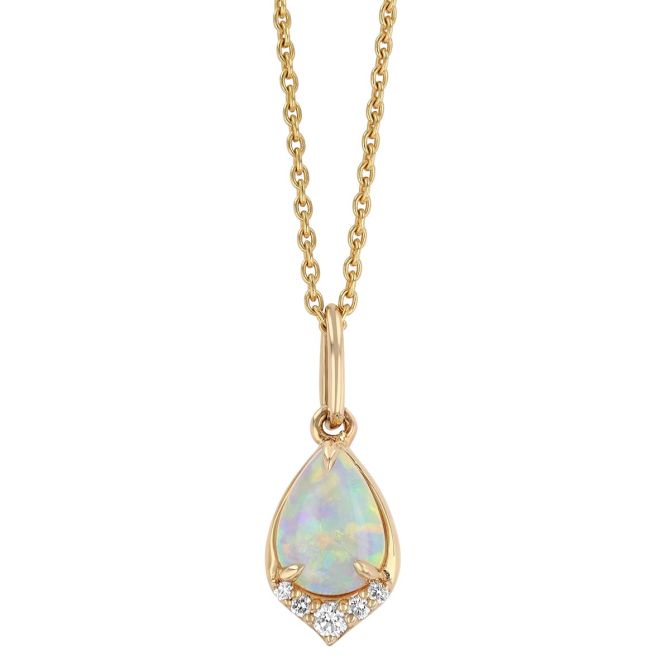 Pear Shaped White Opal & Diamond Pendant in Yellow Gold, 16"