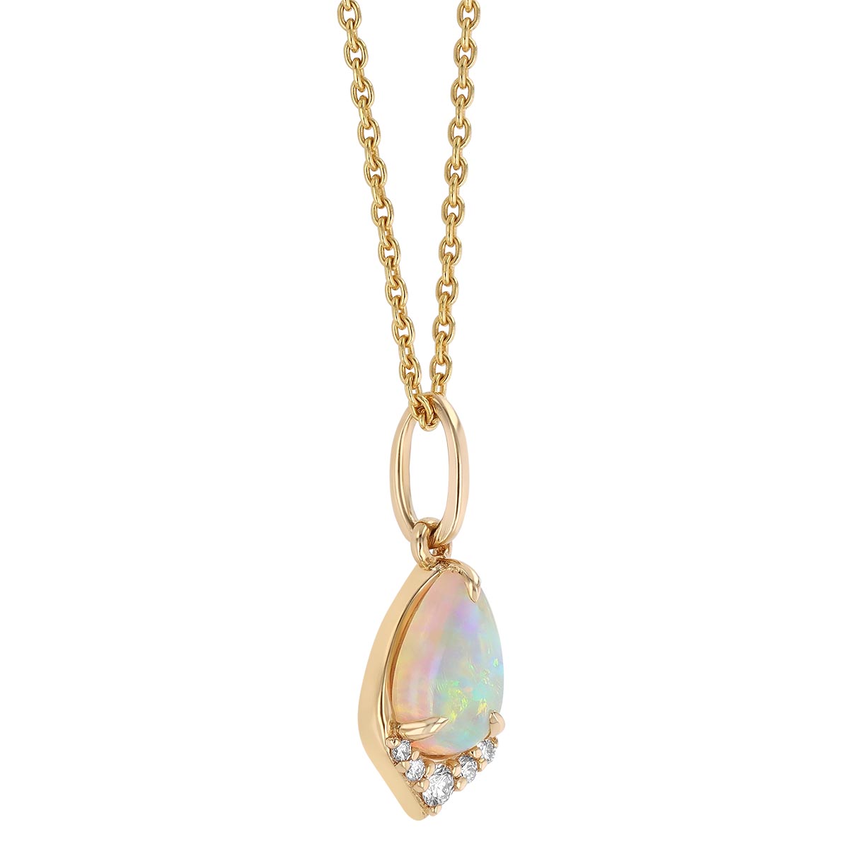 Pear Shaped White Opal & Diamond Pendant in Yellow Gold, 16