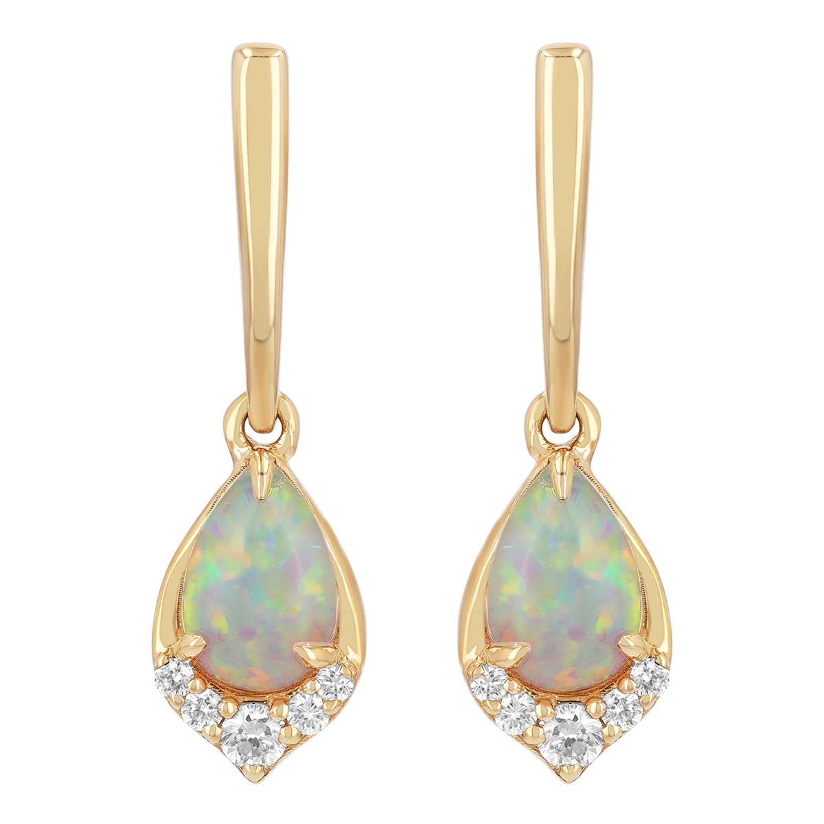 Pear Shaped White Opal & Diamond Dangle Earrings in Yellow Gold