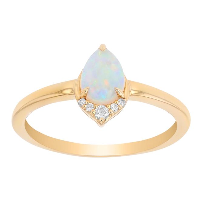 Pear Shaped White Opal & Diamond Ring in Yellow Gold