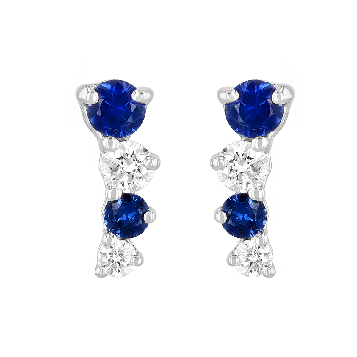 Graduated Round Sapphire & Diamond Climber Stud Earrings in White Gold
