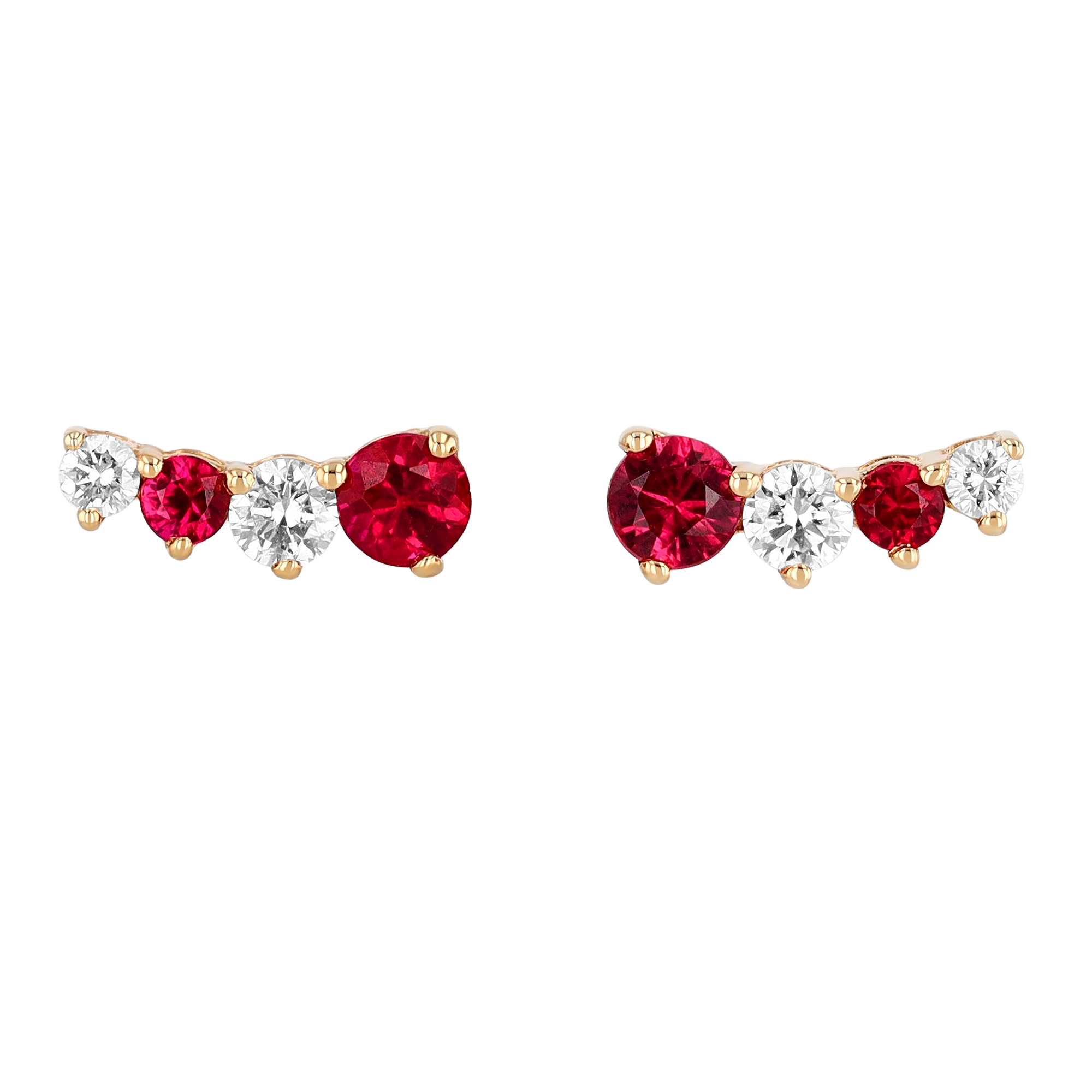 Graduated Round Ruby & Diamond Climber Stud Earrings in Yellow Gold